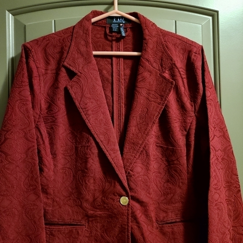 French Dressing Jaquard Blazer Red Gold Button Front Womens Vintage Large - Picture 2 of 14